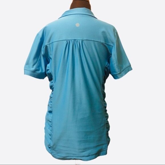 Athleta Womens Birdie Blue Polo Shirt Athletic Golf UPF 50 Rouched Sides Size M - Picture 3 of 13